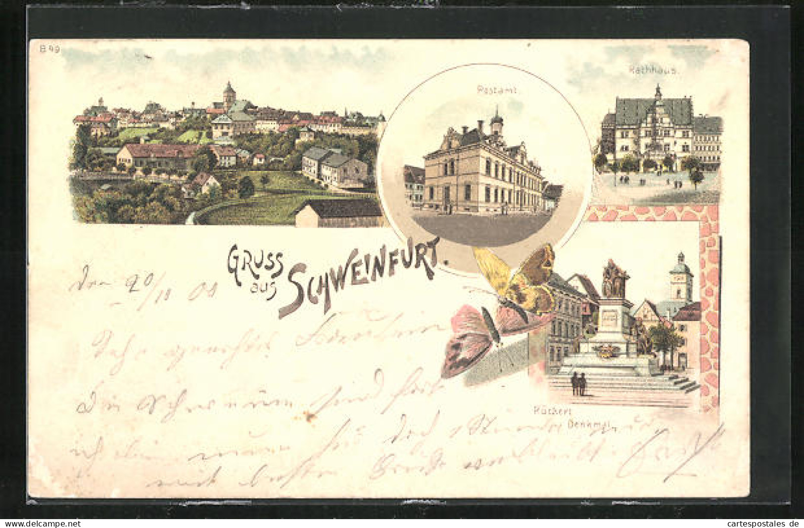 Lithographie Schweinfurt, Postamt, Rathaus, Rückert-Denkmal  - Schweinfurt