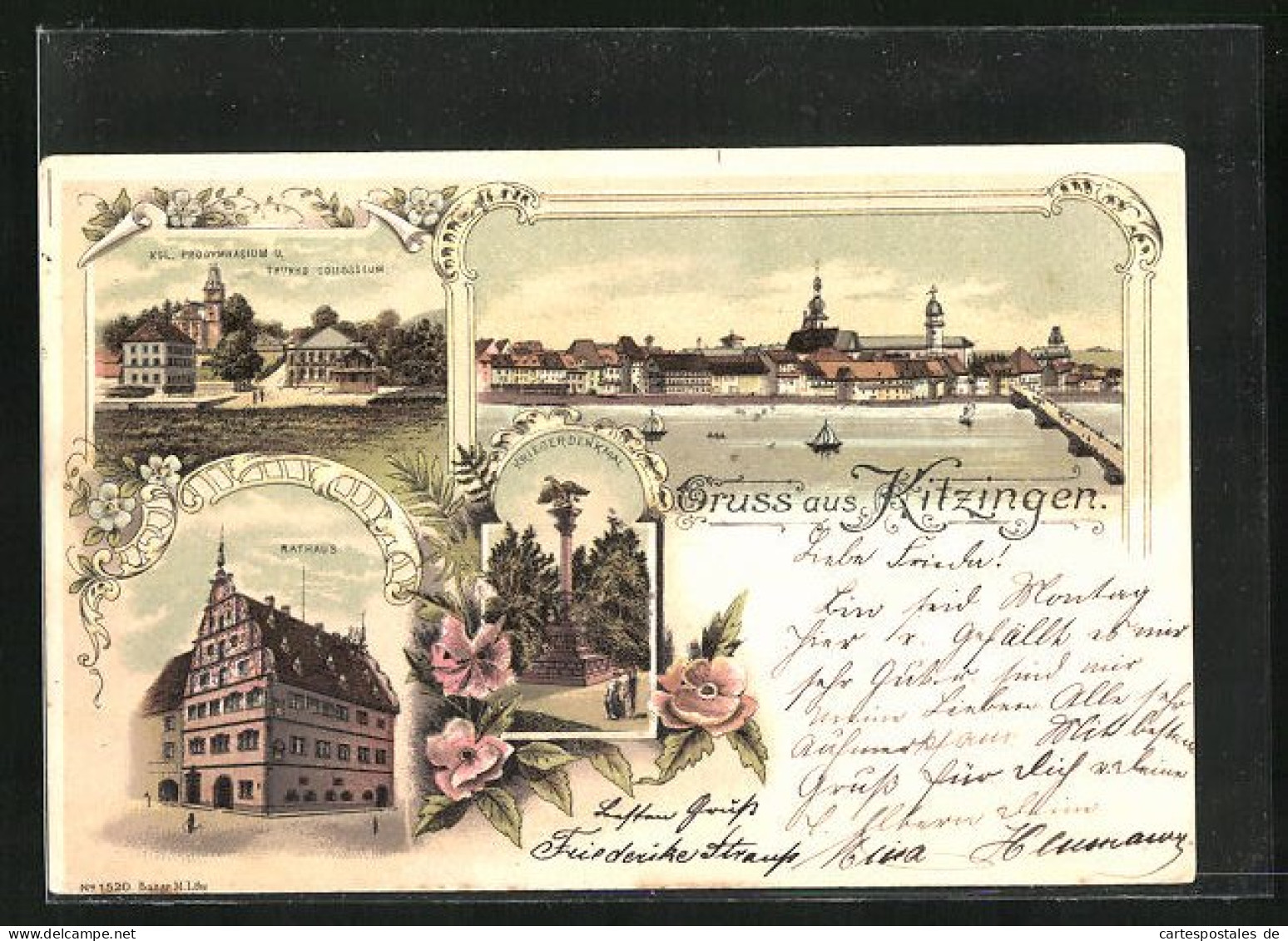 Lithographie Kitzingen, Rathaus, Kgl. Progymnasium Und Trunks Collosseum, Kriegerdenkmal  - Kitzingen