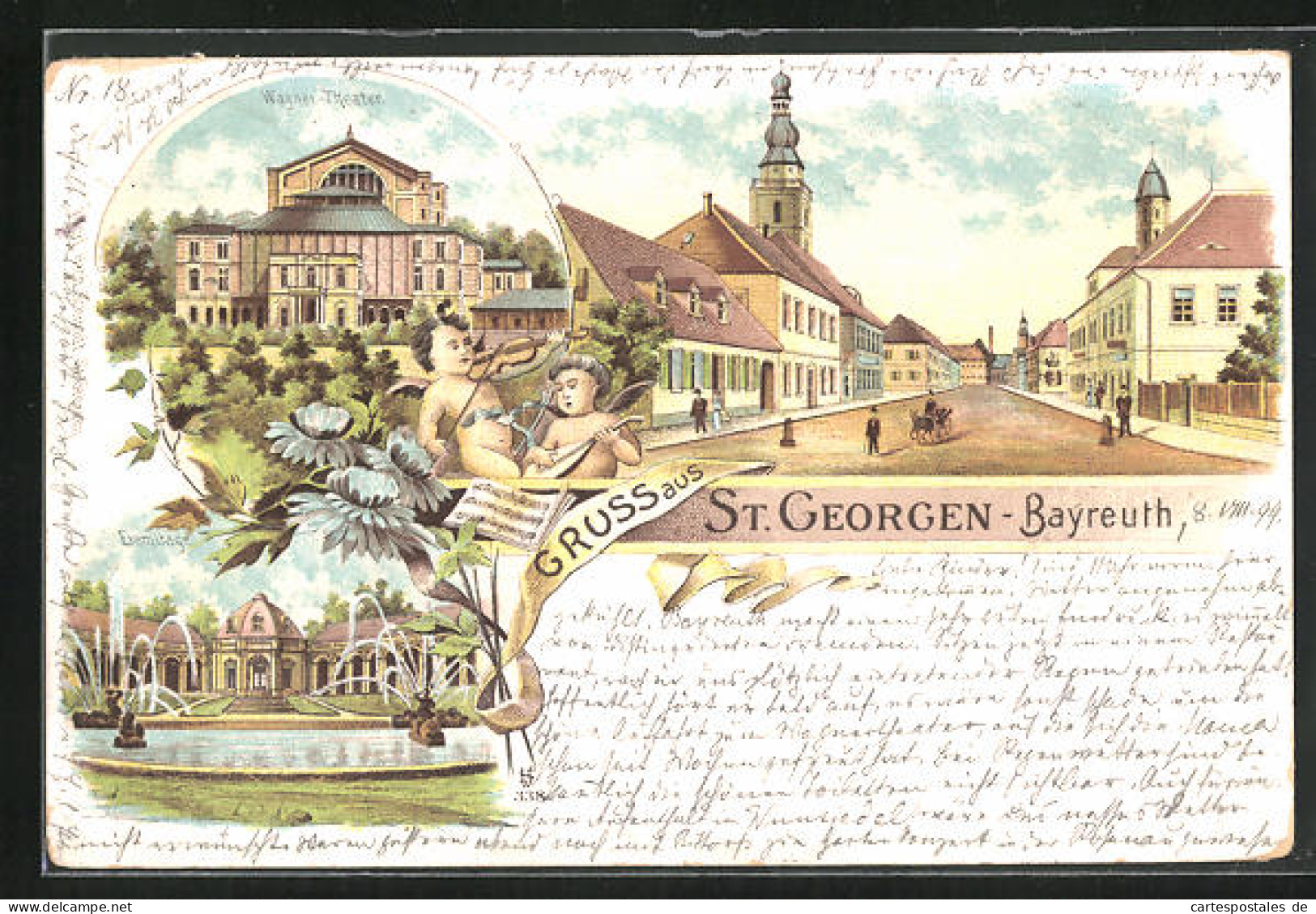 Lithographie Bayreuth-St. Georgen, Wagner-Theater, Eremitage, Strassenpartie  - Theatre