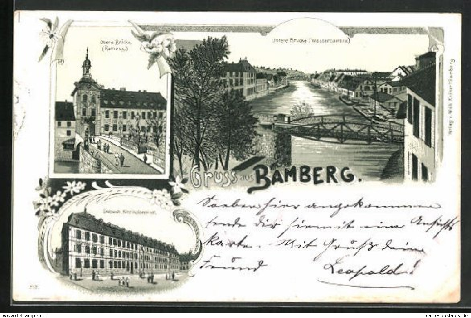 Lithographie Bamberg, Erzbisch. Klerikalseminar, Untere Brücke, Obere Brücke  - Bamberg