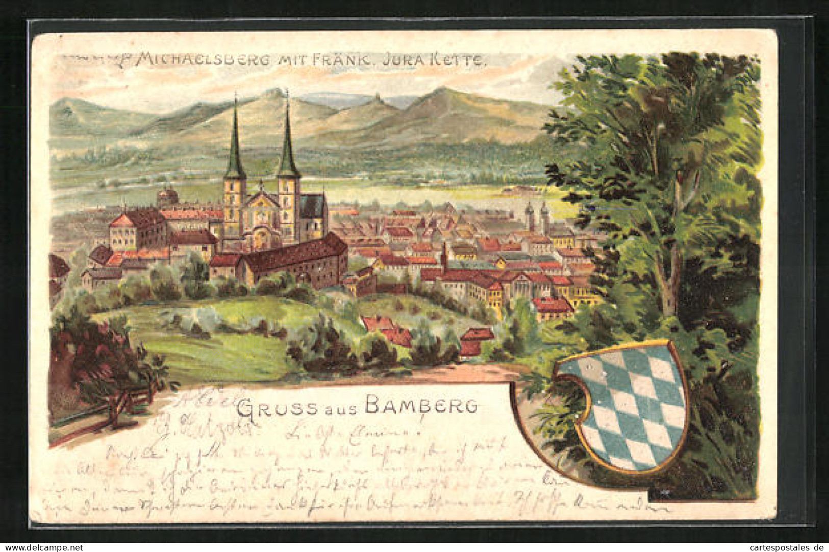 Lithographie Bamberg, Michaelsberg M. Fränk. Jura Kette, Wappen  - Bamberg