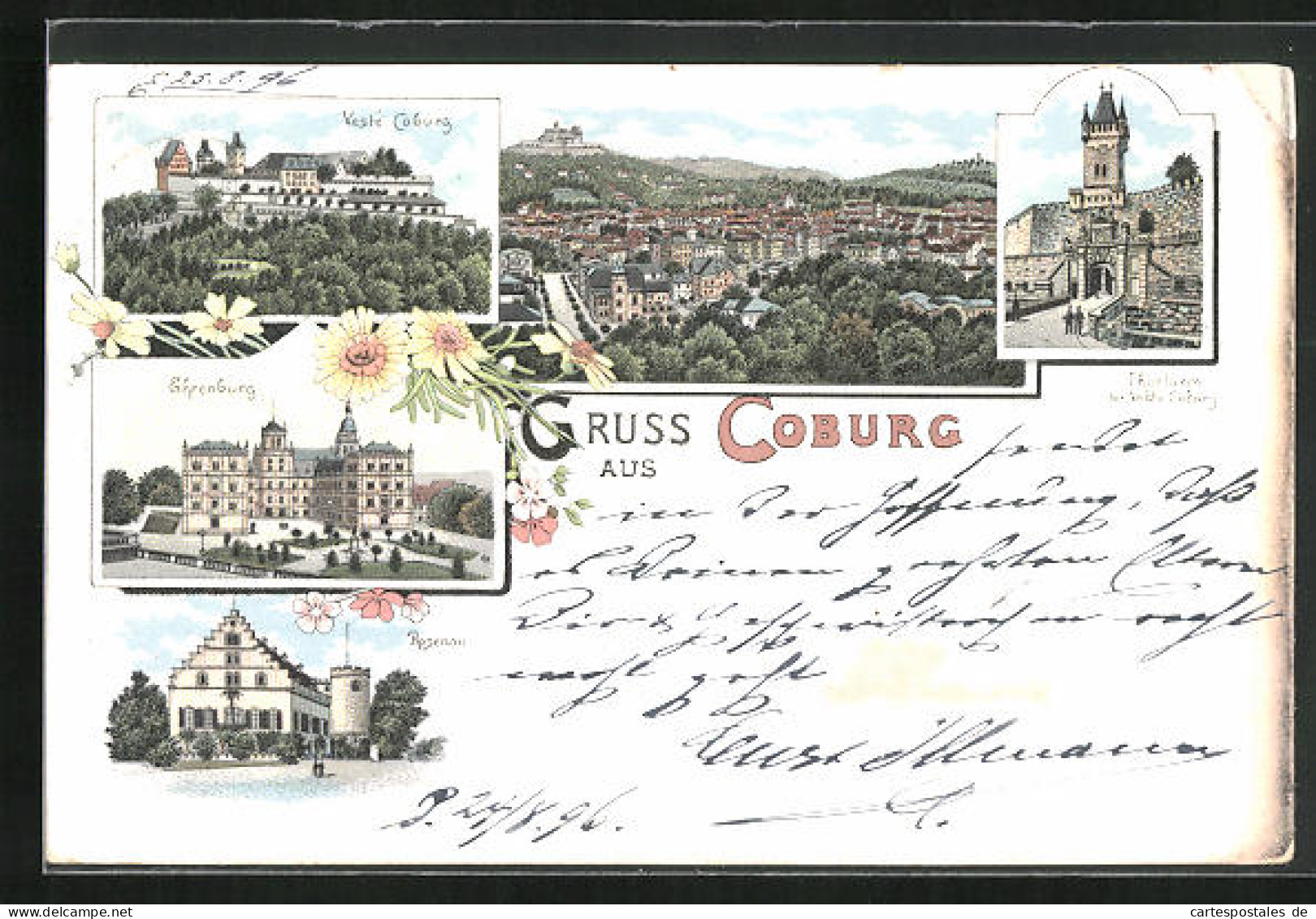 Lithographie Coburg, Ehrenburg, Thorturm, Rosenau, Veste  - Coburg