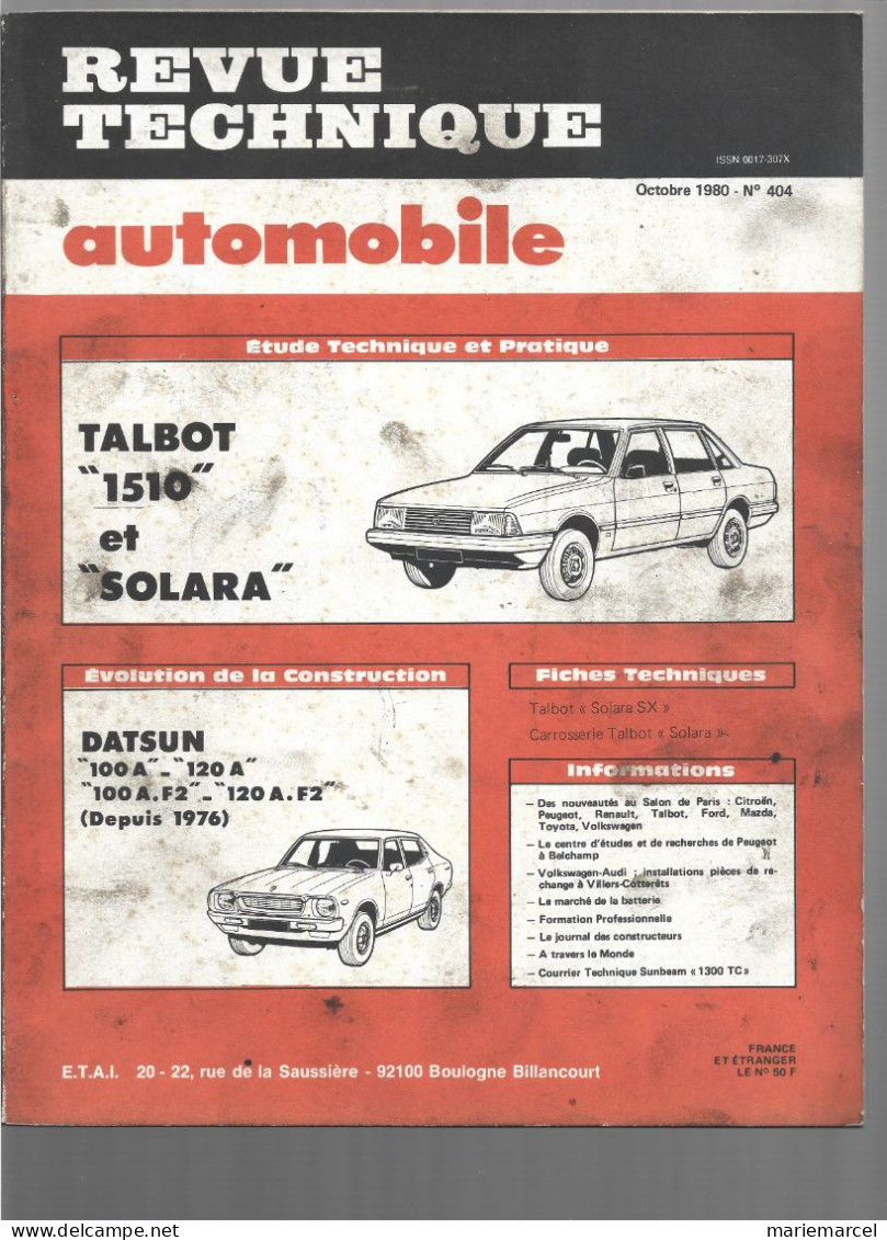 REVUE TECHNIQUE AUTOMOBILE SIMCA 1000.1300.1500.1510. TALBOT SOLARA. 4 MAGAZINES. - Auto