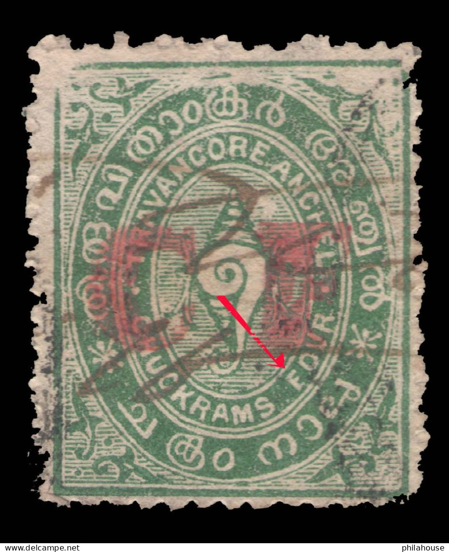 India Travancore Anchal FOUR CHUKRAMS ERROR "EOUR"  Instead Of FOUR  Revenue Stamp C F Red Overprint Used - Sonstige & Ohne Zuordnung