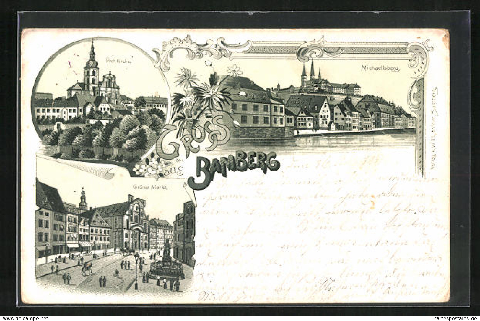 Lithographie Bamberg, Protestantische Kirche, Michaelisberg, Grüner Markt  - Bamberg