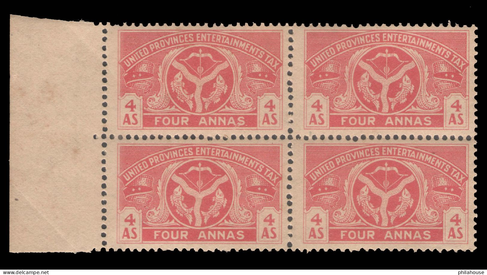 India UNITED PROVINCES ENTERTAINMENT TAX Block Of 4 Fish Archery MNH - Autres & Non Classés