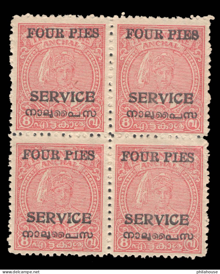 India Travancore Anchal 4 Pies Service Overprint On Revenue Stamps Block Of 4 - Sonstige & Ohne Zuordnung