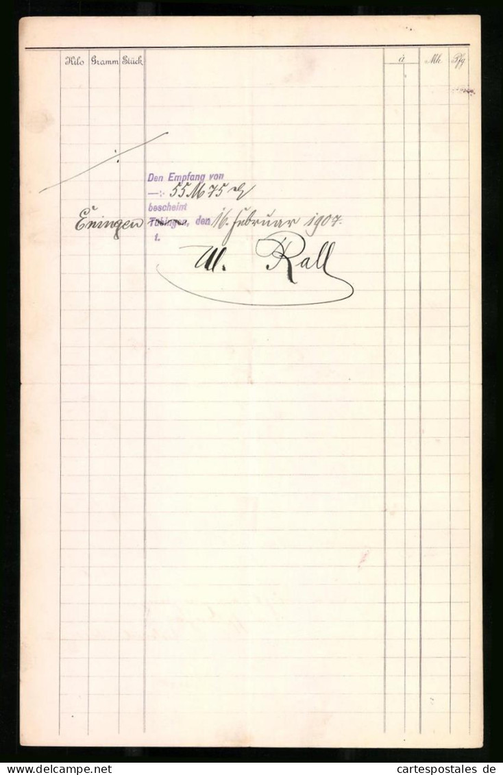 Rechnung Eningen 1907, Kunstgärtner W. Rall, Bauschulenbesitzer, Samenbau & Samen Grosshandlung, Werksgelände  - Other & Unclassified