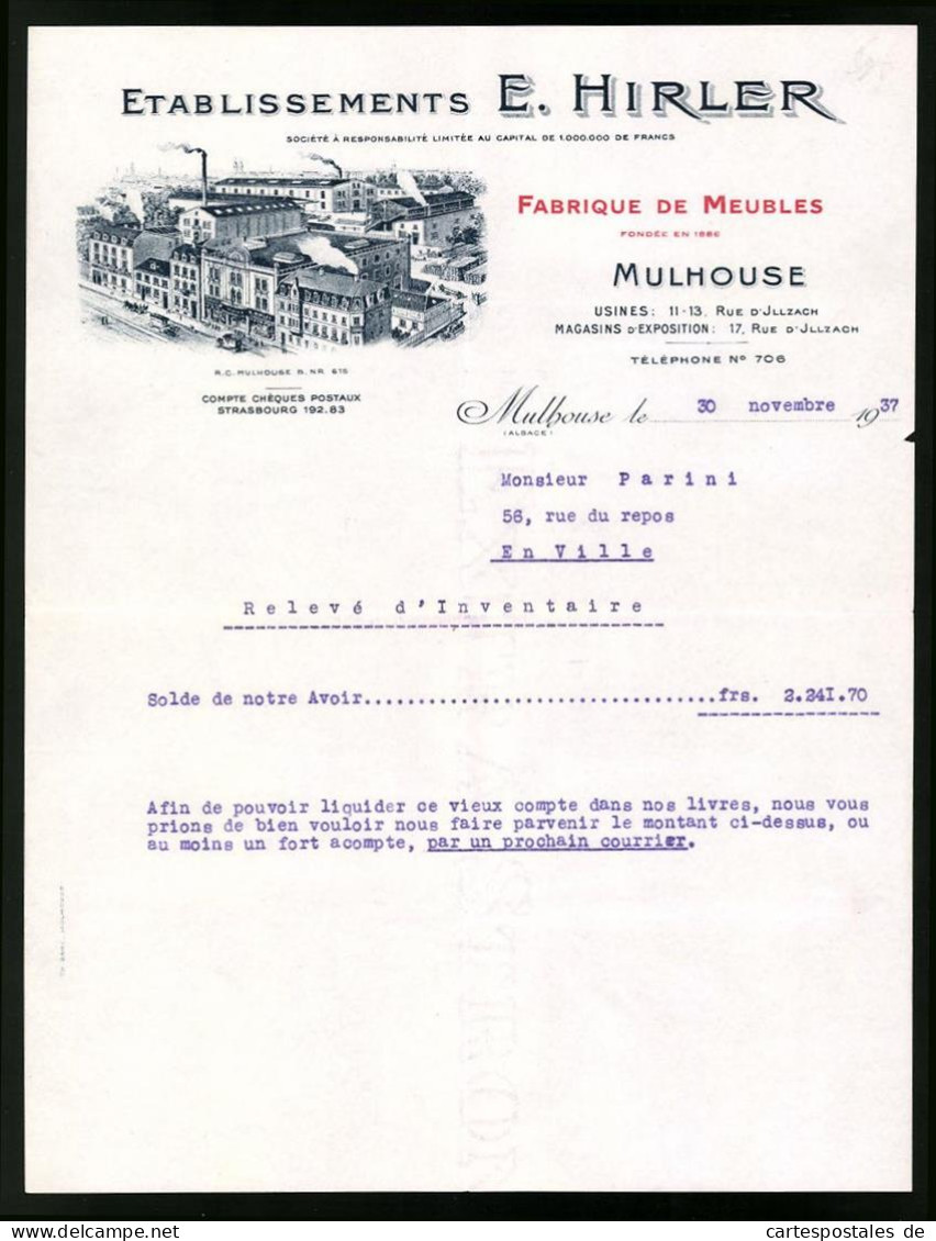 Facture Mulhouse 1937, Etablissements E. Hirler, Fabrique De Meubles, Fabrikanlage  - Other & Unclassified