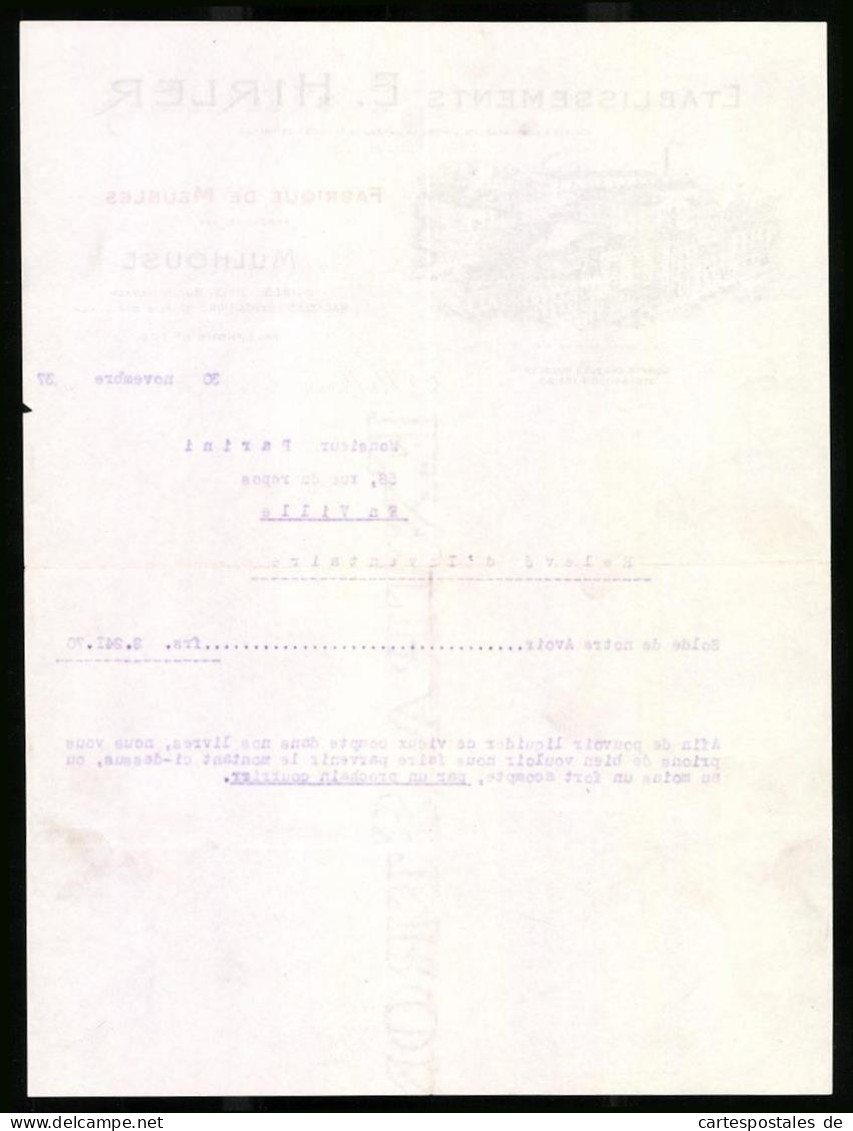 Facture Mulhouse 1937, Etablissements E. Hirler, Fabrique De Meubles, Fabrikanlage  - Other & Unclassified