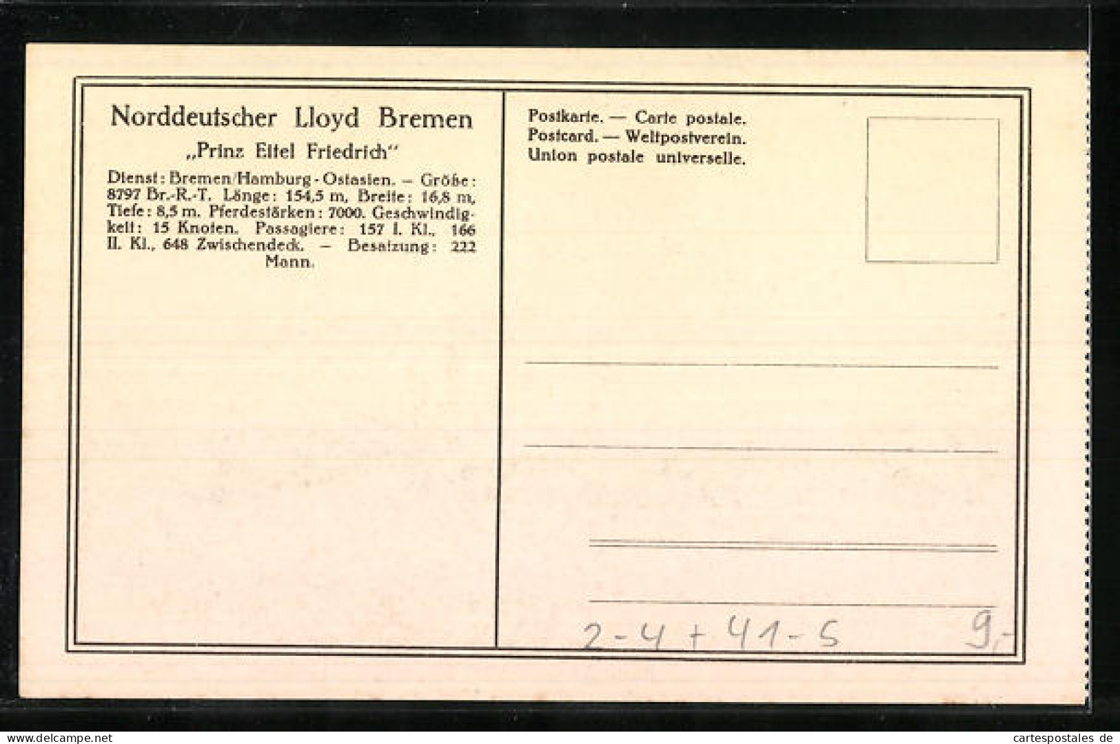 AK Reichspostdampfer Prinz Eitel Friedrich  - Postal Services