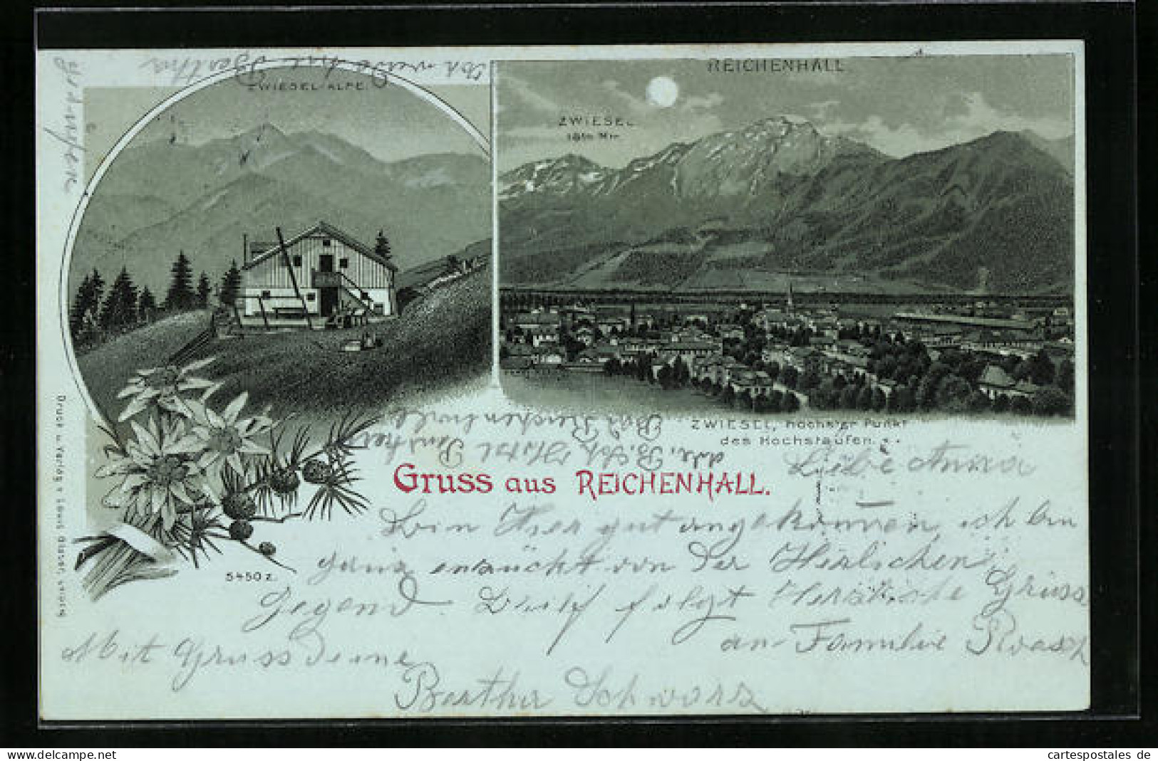 Mondschein-Lithographie Reichenhall, Zwiesel-Alpe, Totalansicht  - Zwiesel