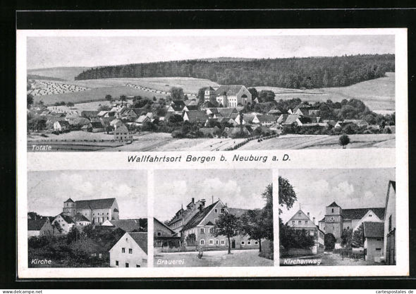 AK Bergen B. Neuburg A. D., Brauerei, Kirchenweg, Kirche  - Neuburg