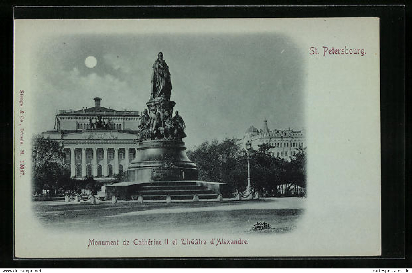 Mondschein-AK St. Petersburg, Monument De Cathérin II Et Théâtre D`Alexandre  - Russie