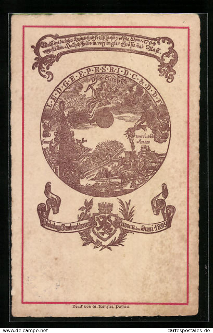 Lithographie Passau, Niederbayr. Bundesschiessen 1899, Teilansicht, PP 15 C17, Ganzsache Bayern  - Caza