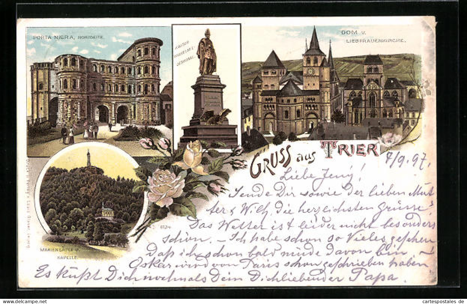 Lithographie Trier, Dom Und Liebfrauenkirche, Porta Nigra, Mariensäule U. Kapelle, Kaiser Wilhelm I. Denkmal  - Trier