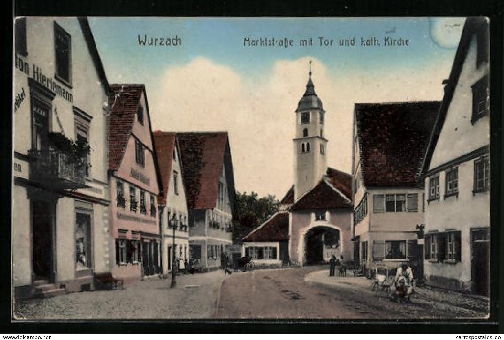 AK Wurzach, Marktstrasse Mit Tor & Kath. Kirche, Buchbinderei Waibel  - Bad Wurzach
