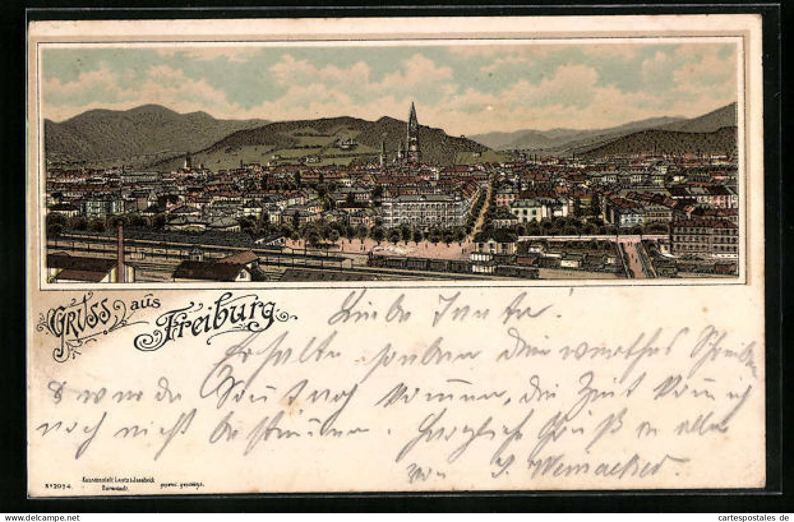 Lithographie Freiburg I. B., Stadtansicht Mit Güterbahnhof Im Vordergrund  - Freiburg I. Br.
