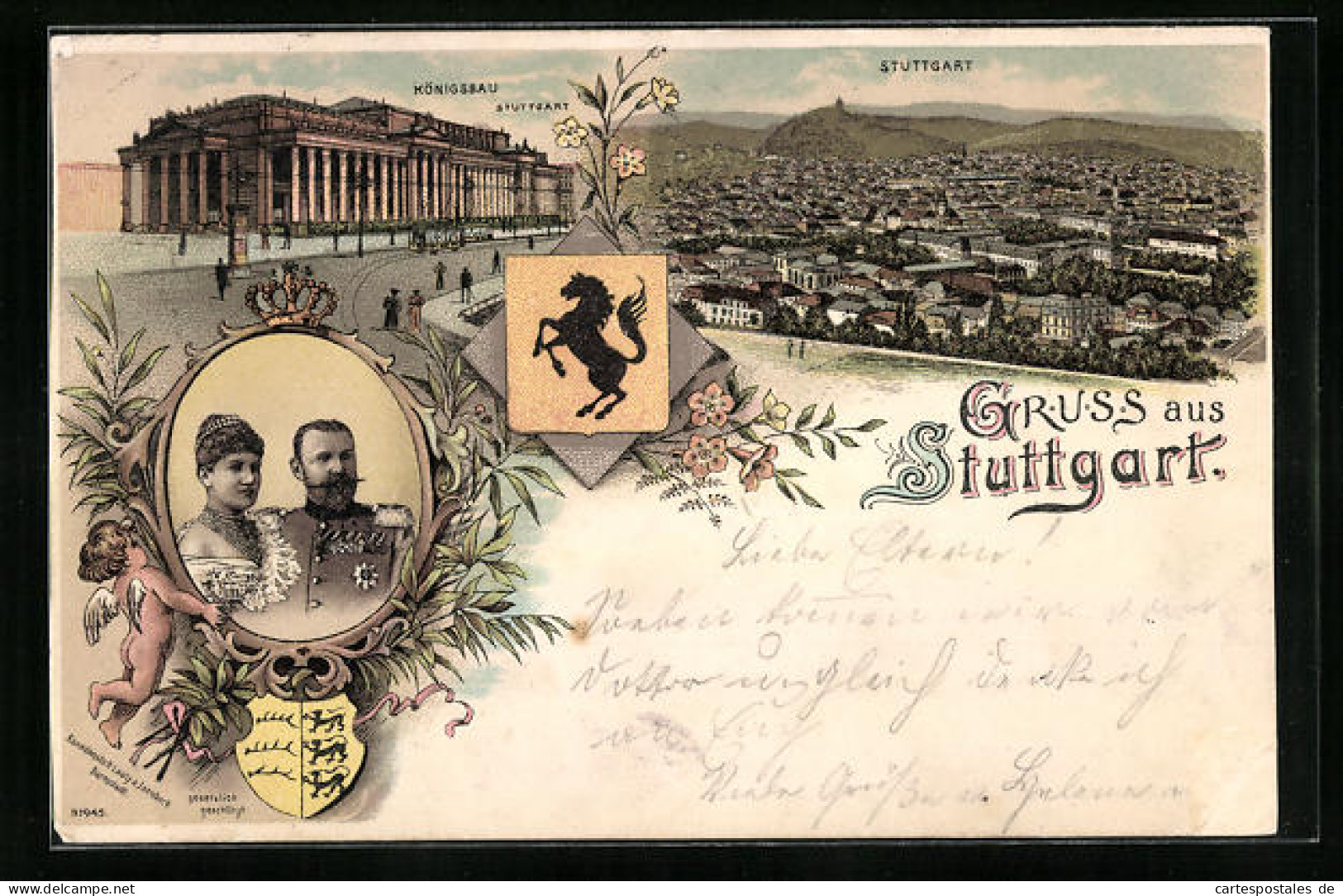 Lithographie Stuttgart, Königsbau, Panorama, Königspaar Im Portrait  - Stuttgart