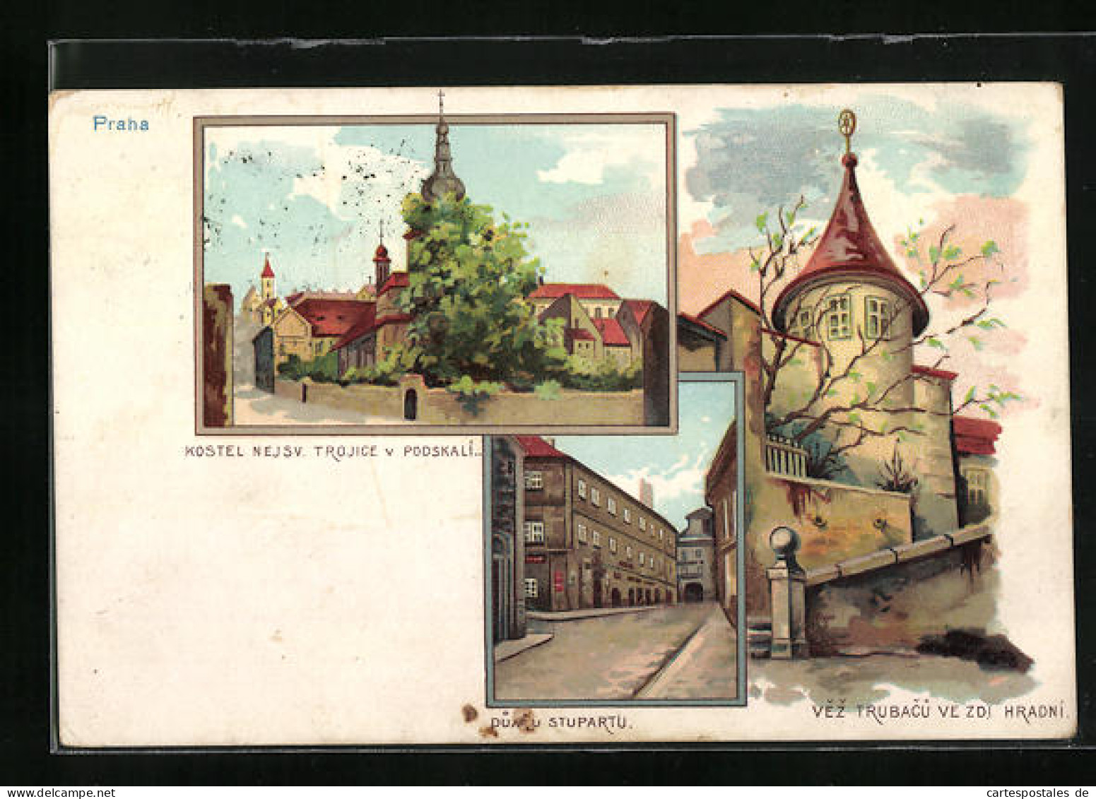 Lithographie Prag / Praha, Kostel Nejsv. Trojice V Podskali, Dumu Stupartu & Vez Trubacu  - República Checa