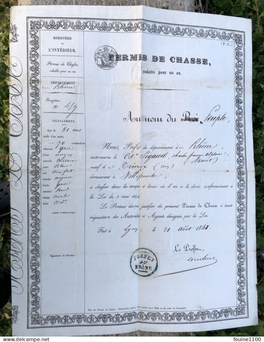 PERMIS DE CHASSE An 1848 ? 1846 ? Pour Avocat SIGAUD Née à TREVOUX 01 AIN ( VILLEFRANCHE SUR SAONE ) Préfet Du Rhône - Historische Dokumente