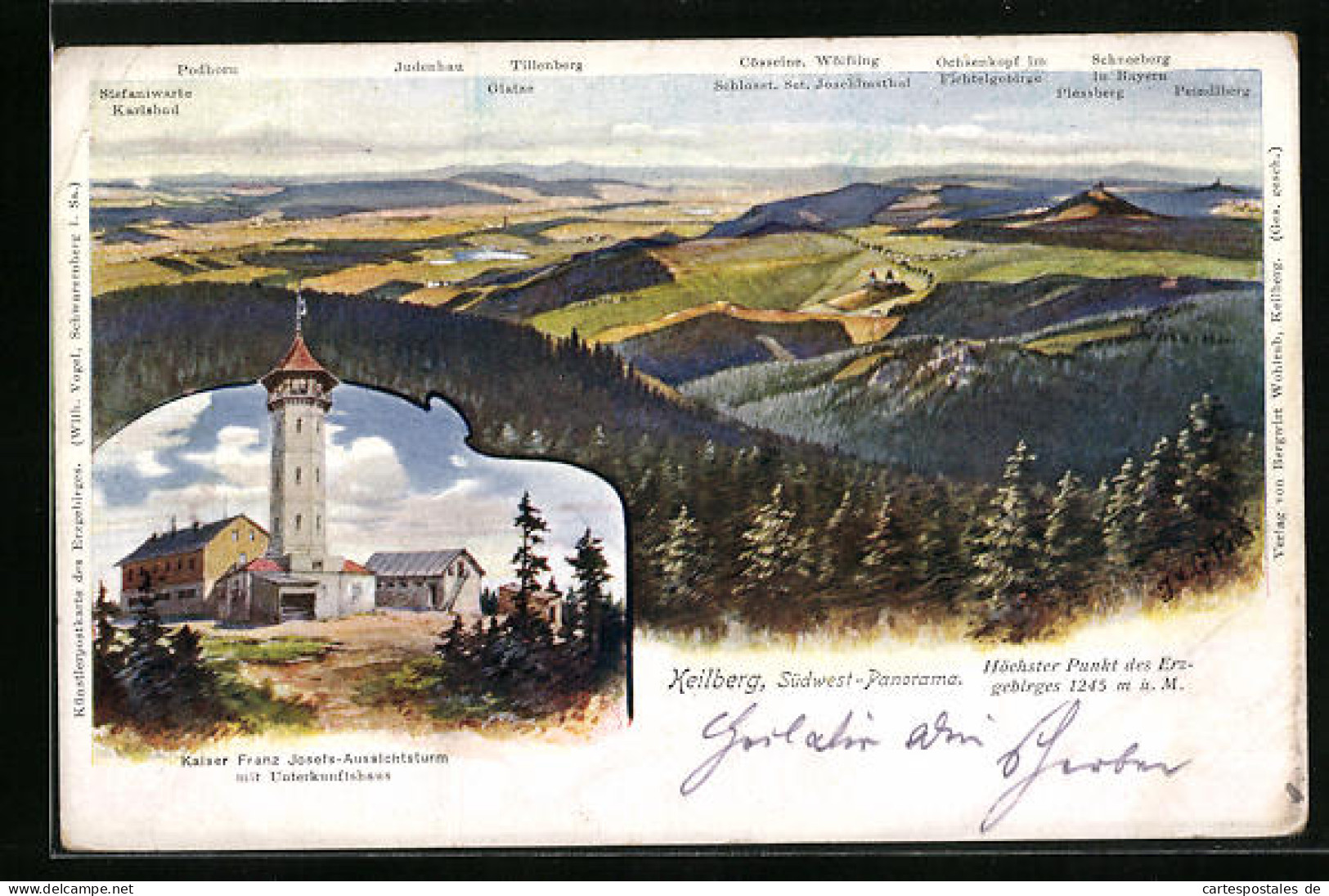 Künstler-AK Keilberg, Südwestpanorama Mit Blick Auf Den Kaiser Franz Josefs-Aussichtsturm  - República Checa