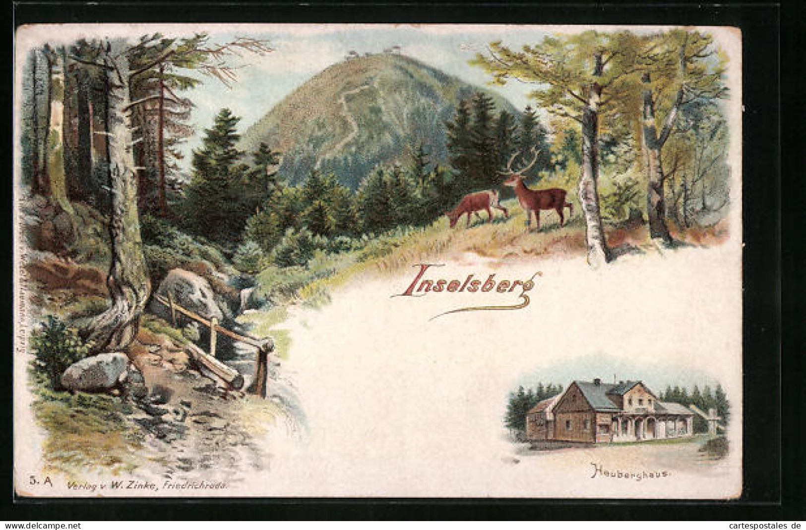Lithographie Inselsberg, Wald Mit Hirschen Und Heuberghaus  - Other & Unclassified
