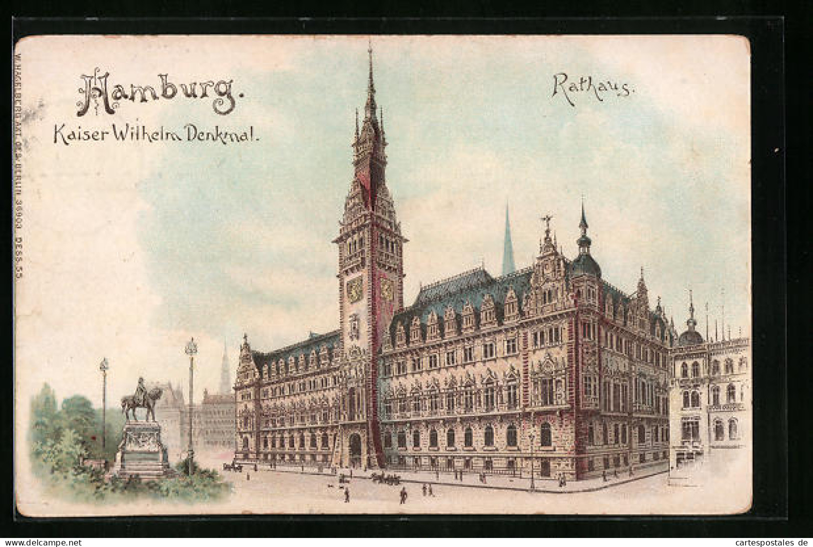 Lithographie Hamburg, Kaiser Wilhelm-Denkmal, Rathaus  - Mitte