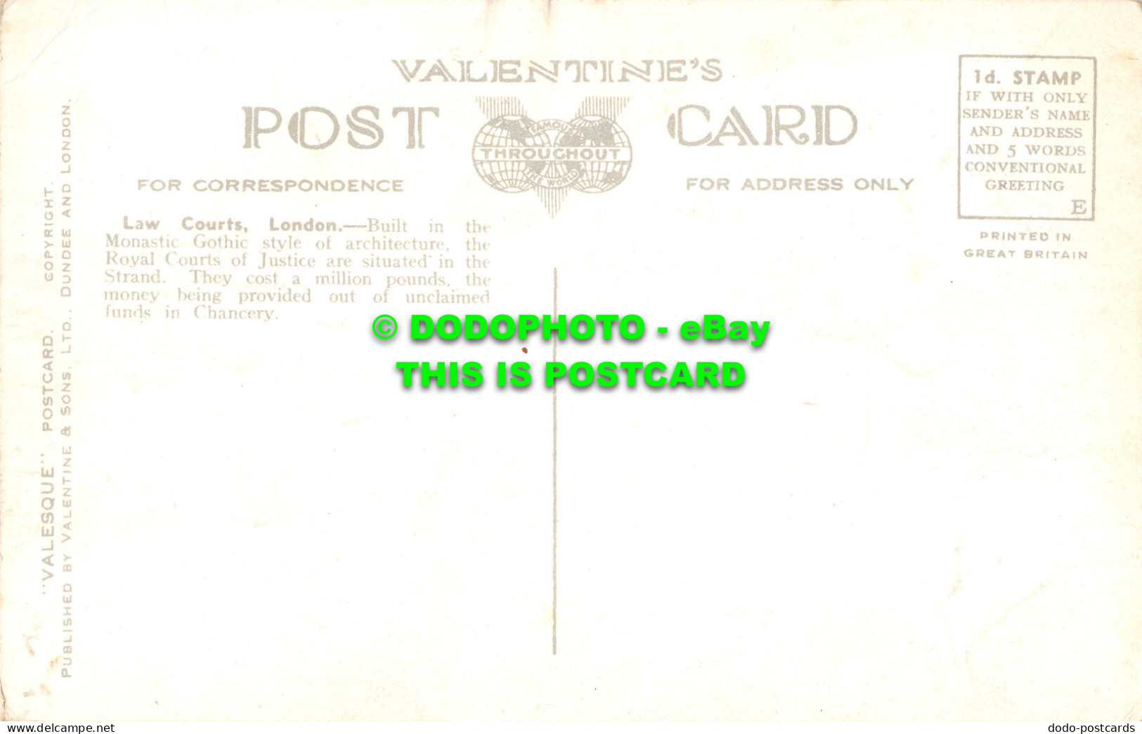 R501150 209362. Law Courts. Fleet Street. London. Valesque Postcard. Valentines - Sonstige & Ohne Zuordnung
