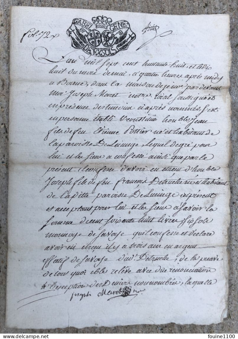 DOUBLE PAGE Année 1791 Pour Joseph DETRUCHE De LUCINGE ( LUCINGES 74 ) Fait à BONNE ( BONNEVILLE 74) HAUTE SAVOIE - Historische Dokumente