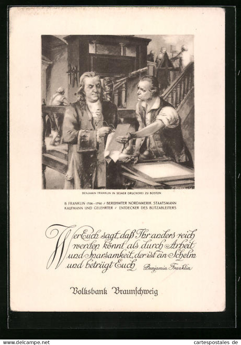 AK Benjamin Franklin In Seiner Druckerei Zu Boston  - Personnages Historiques