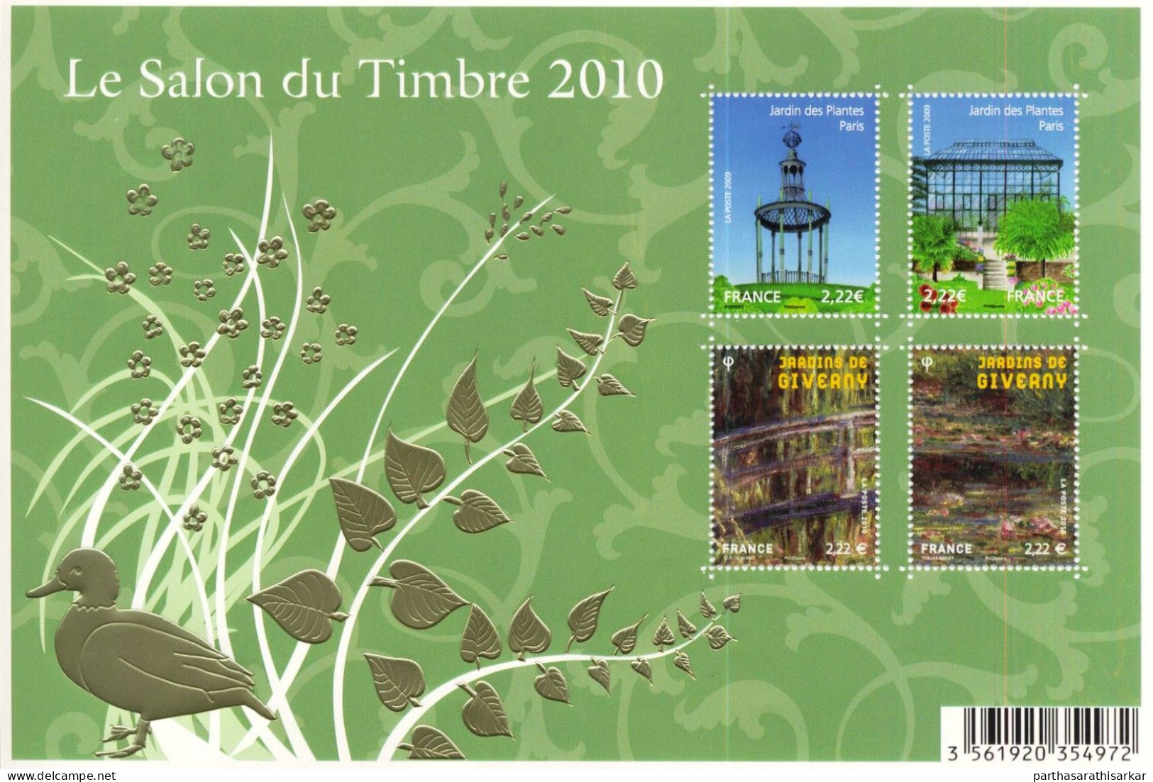 FRANCE 2010 GARDENS INTERNATIONAL STAMP EXHIBITION SALON DU TIMBRE 2010 GOLD FOIL UNUSUAL MINIATURE SHEET MS MNH - Unused Stamps