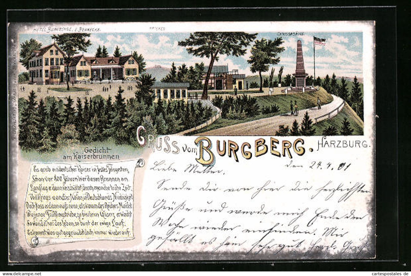 Lithographie Harzburg, Hotel Burgberg Und Canossasäule Mit Brocken, Gedicht Am Kaiserbrunnen  - Bad Harzburg