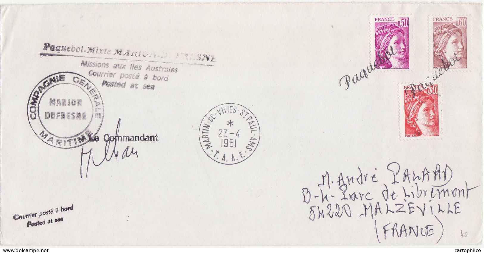 TAAF Lettre Marion Dufresne Martin De Vivies ST Paul 23 4 1981 Pour Malzeville - Lettres & Documents