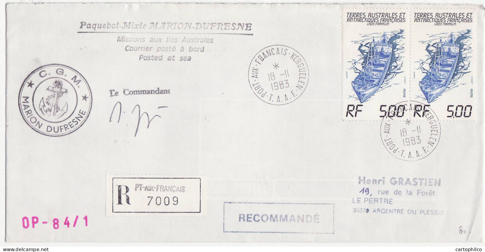 TAAF Lettre Marion Dufresne Port Aux Fran�ais Kerguelen 18 11 1983 Bateau Lady Franklin Pour Argentre Du Plessis - Lettres & Documents