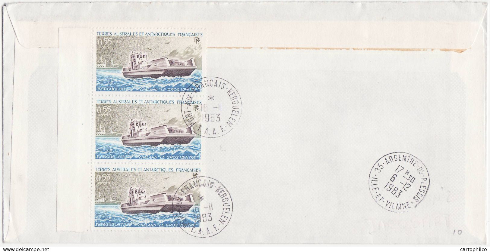 TAAF Lettre Marion Dufresne Port Aux Fran�ais Kerguelen 18 11 1983 Bateau Lady Franklin Pour Argentre Du Plessis - Covers & Documents