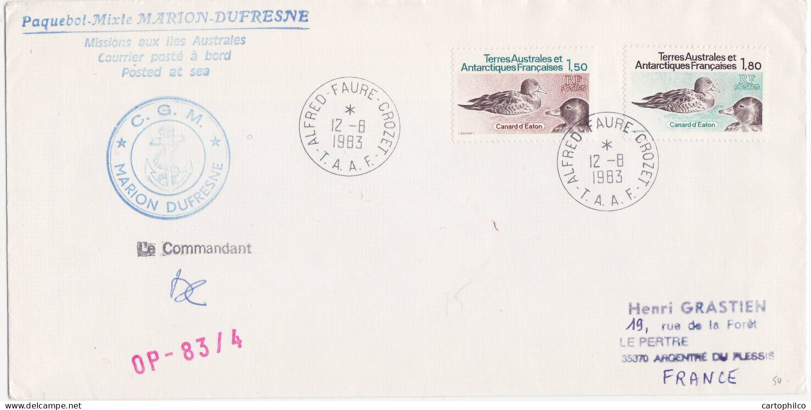 TAAF Lettre Marion Dufresne Alfred Faure Crozet 12 8 1983 Canard Pour Argentre Du Plessis - Covers & Documents