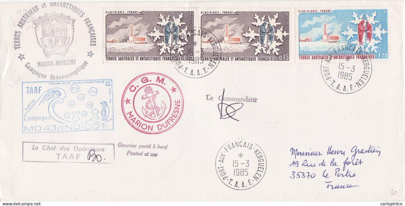 TAAF Lettre Marion Dufresne Oceanographie Port Aux Fran�ais 15 3 1985 Pour Le Pertre - Lettres & Documents