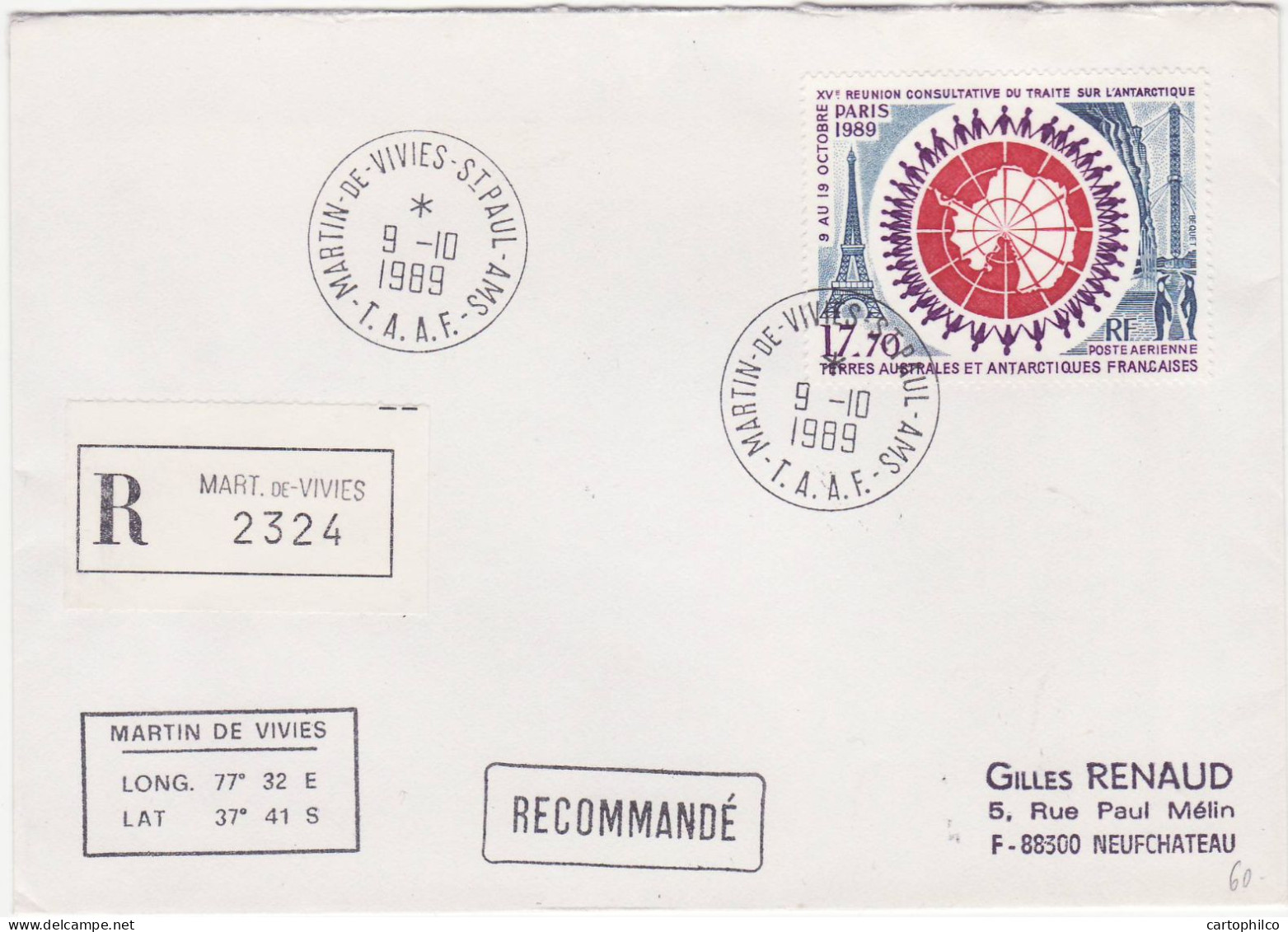 TAAF Lettre Martin De Vivies 9 10 1989 Pour Neufchateau Rue Paul Melin - Lettres & Documents