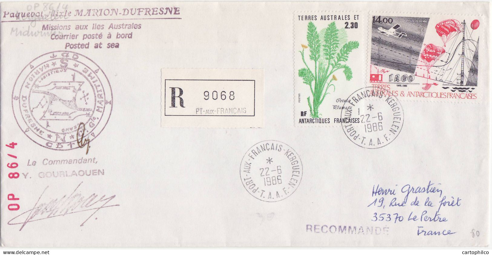 TAAF Lettre Marion Dufresne Kerguelen 22 6 1986 Parachute Pour Le Pertre - Covers & Documents