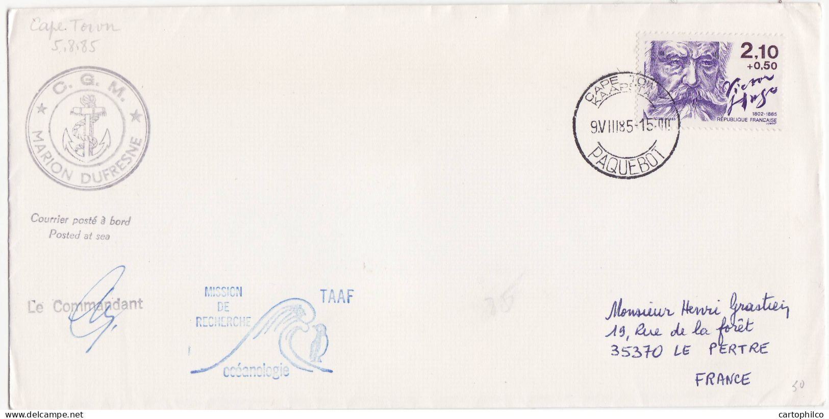 TAAF Lettre Marion Dufresne Oceanologie 9 8 1985 Victor Hugo Pour Le Petre - Briefe U. Dokumente