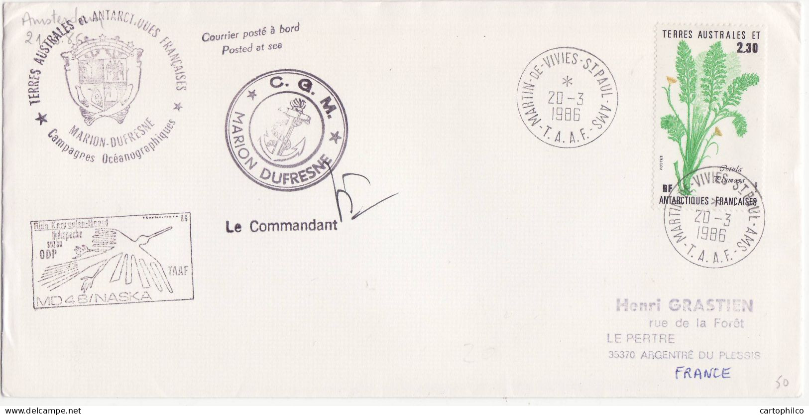 TAAF Lettre Marion Dufresne 20 3 1986 MD4 Naska Pour Grastien Argentre Du Plessis - Covers & Documents