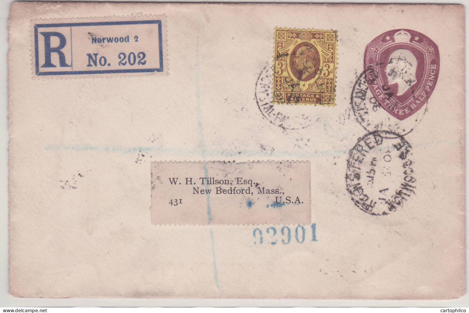 UK Postal Stationery 3 1/2d + 3d Tilson New Bedford Mass USA From Norwood 1908 - Brieven En Documenten