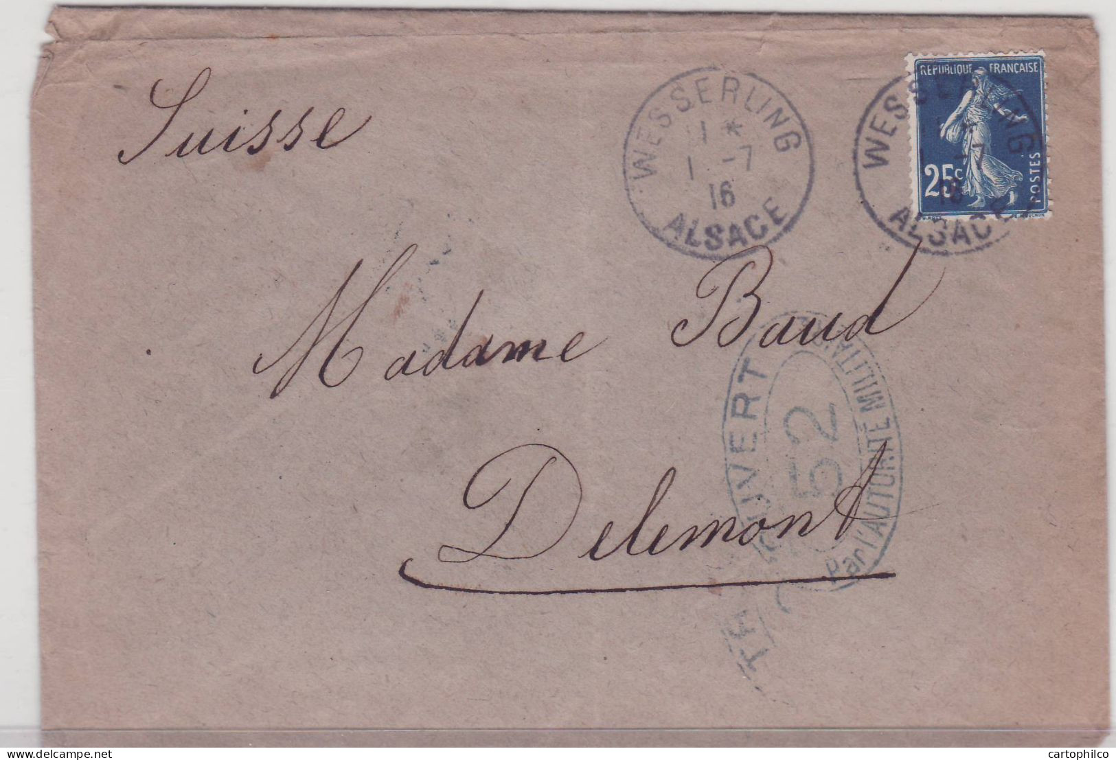 France Lettre 25c Semeuse Wesserung 1 7 16 Censure N�52 Pour Delemont Militaria - Guerra De 1914-18