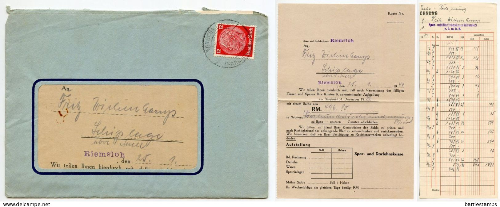 Germany 1940 Cover W/ Letter & Invoice; Bruchmühlen (Kr. Herford) - Spar- Und Darlehnskasse, Riemsloh; 12pf. Hindenburg - Cartas & Documentos