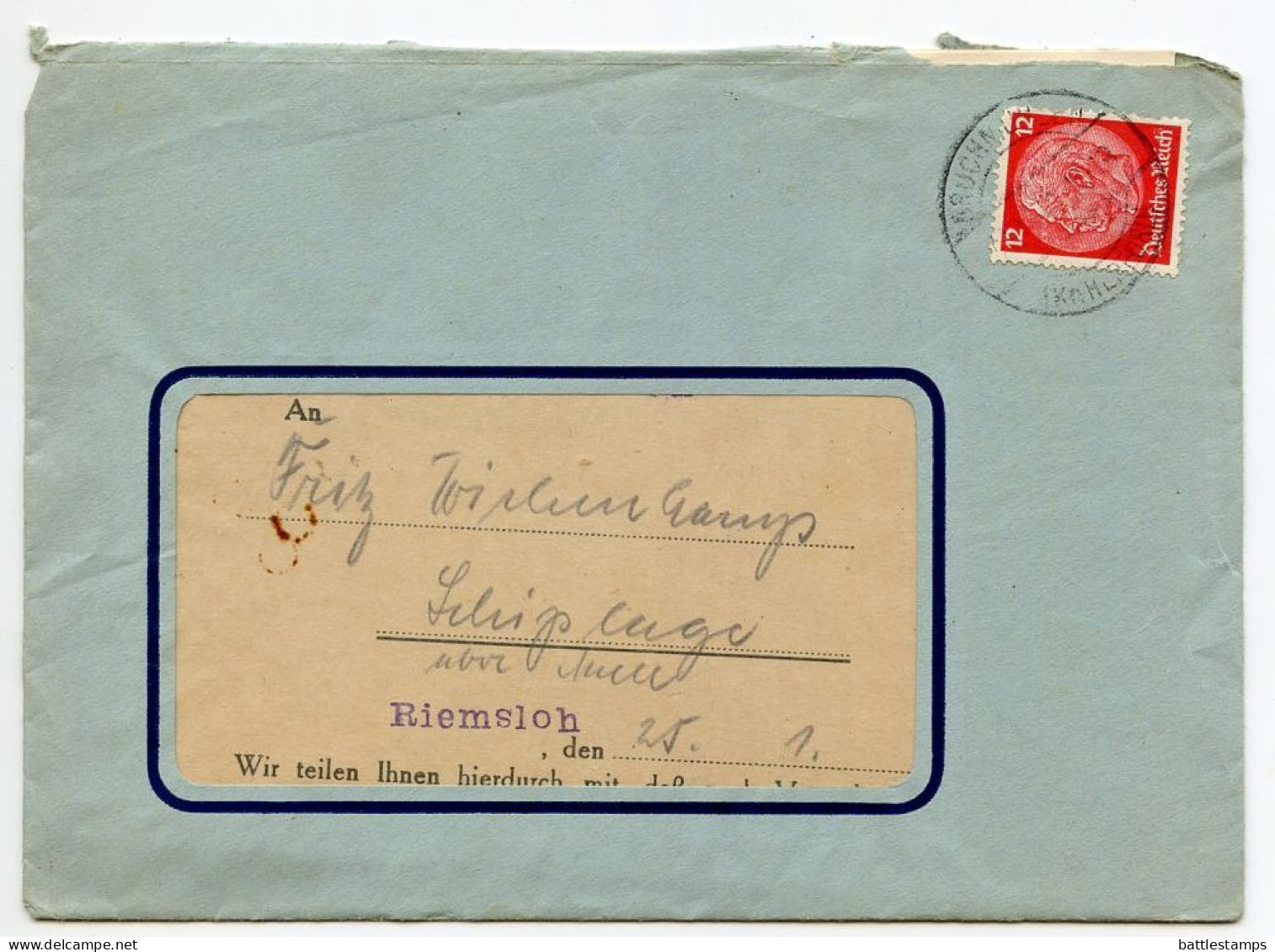 Germany 1940 Cover W/ Letter & Invoice; Bruchmühlen (Kr. Herford) - Spar- Und Darlehnskasse, Riemsloh; 12pf. Hindenburg - Covers & Documents