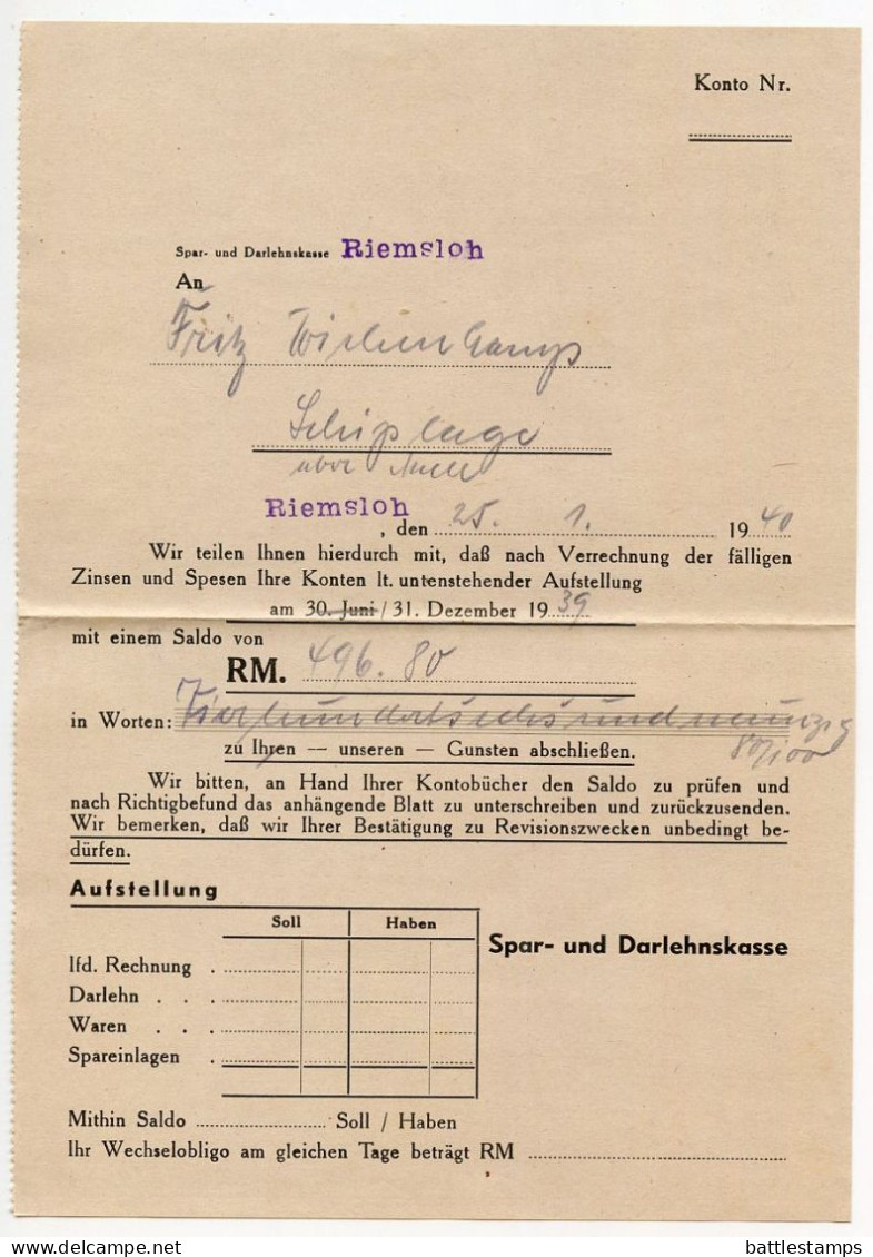 Germany 1940 Cover W/ Letter & Invoice; Bruchmühlen (Kr. Herford) - Spar- Und Darlehnskasse, Riemsloh; 12pf. Hindenburg - Cartas & Documentos