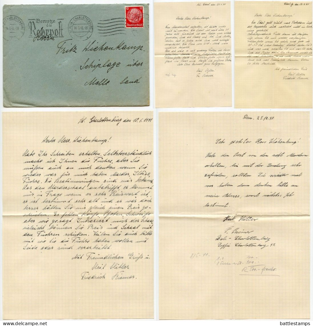 Germany 1941 Cover & Multiple Letters; Berlin-Charlottenburg To Schiplage; 12pf. Hindenburg; Rohrpost Slogan Cancel - Brieven En Documenten