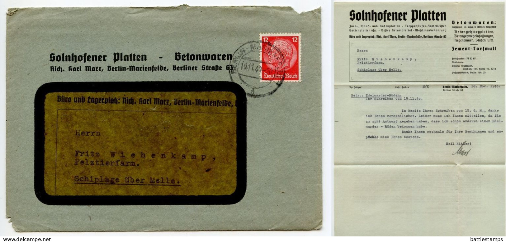 Germany 1940 Cover & Letter; Berlin-Marienfelde - Solnhofener Platten To Schiplage; 12pf. Hindenburg - Brieven En Documenten