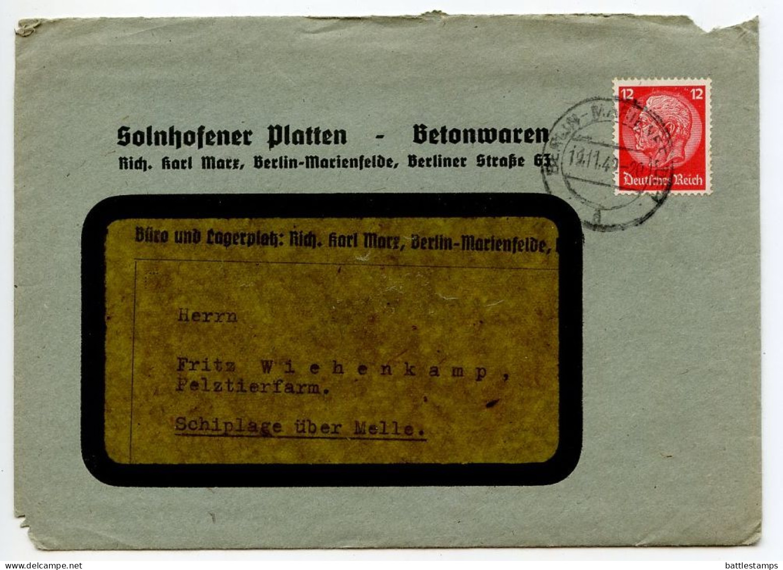 Germany 1940 Cover & Letter; Berlin-Marienfelde - Solnhofener Platten To Schiplage; 12pf. Hindenburg - Cartas & Documentos